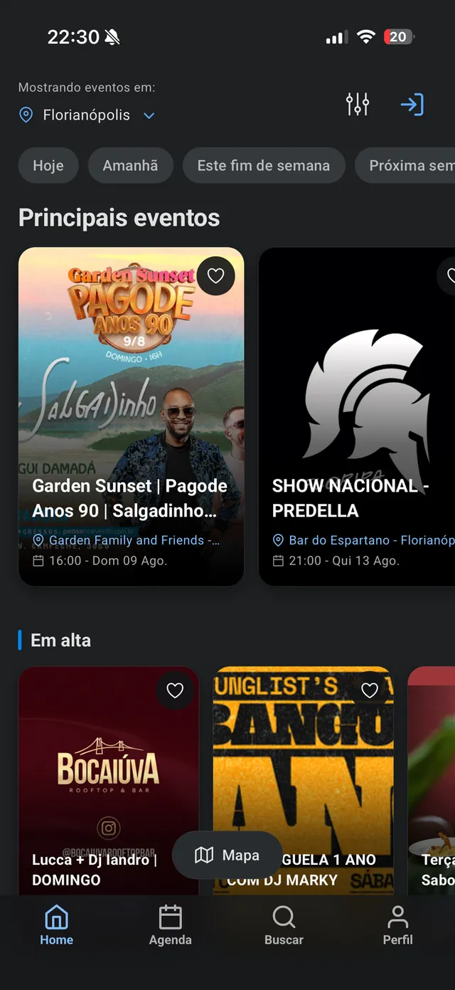 Tela do app iHoje exibindo eventos da noite
